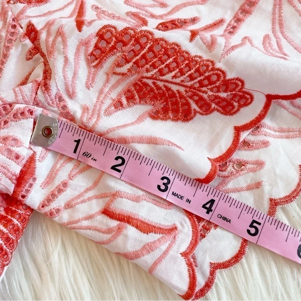 New White and Coral Maia 100% Cotton Embroidered High Waist Shorts